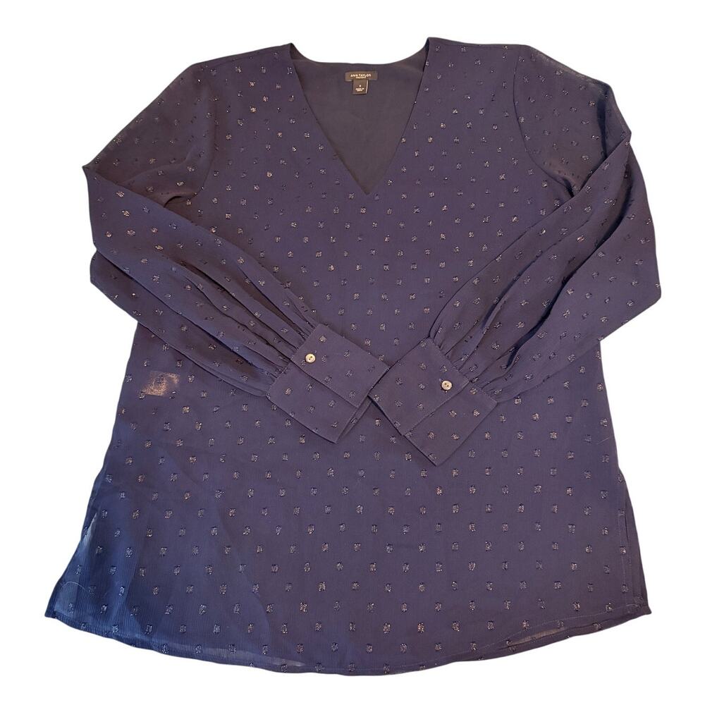 Ann Taylor Factory Navy Blouse S Sheer Balloon Sleeve V Neck